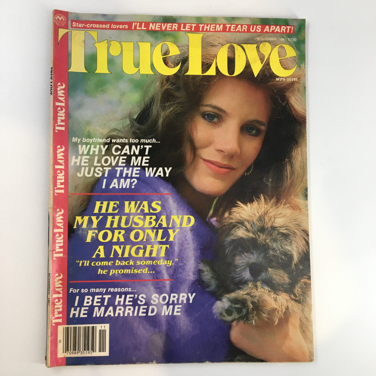 True Love Magazine November 1987 cover featuring the title 'He Was My Husband for Only a Night' with a young woman holding a small dog, perfect for vintage magazine collectors.