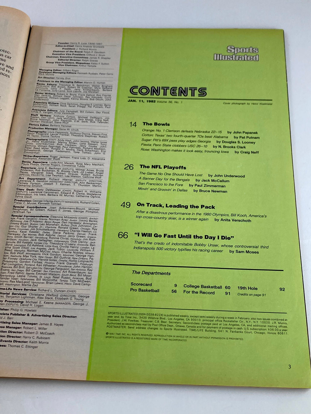 Contents page of the VTG Sports Illustrated Magazine January 11 1982 featuring a list of articles and features, including The Bowls, The NFL Playoffs, and On Track, Leading the Pack, showcasing the vibrant sports culture of the early 1980s.