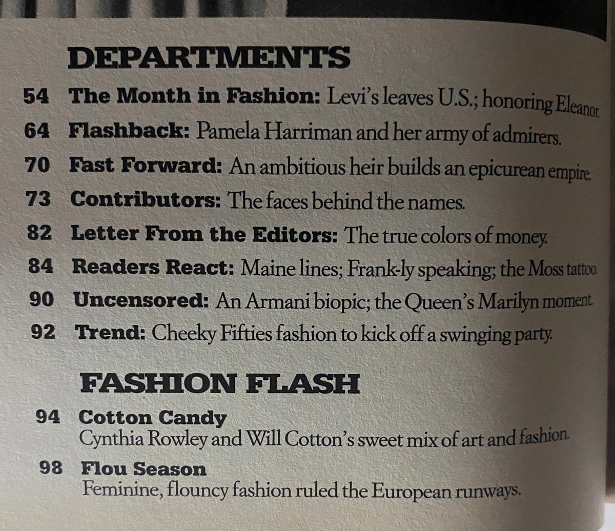 Table of contents page from W Magazine December 2003 highlighting fashion segments and notable interviews, including Pamela Harriman and Giorgio Armani.