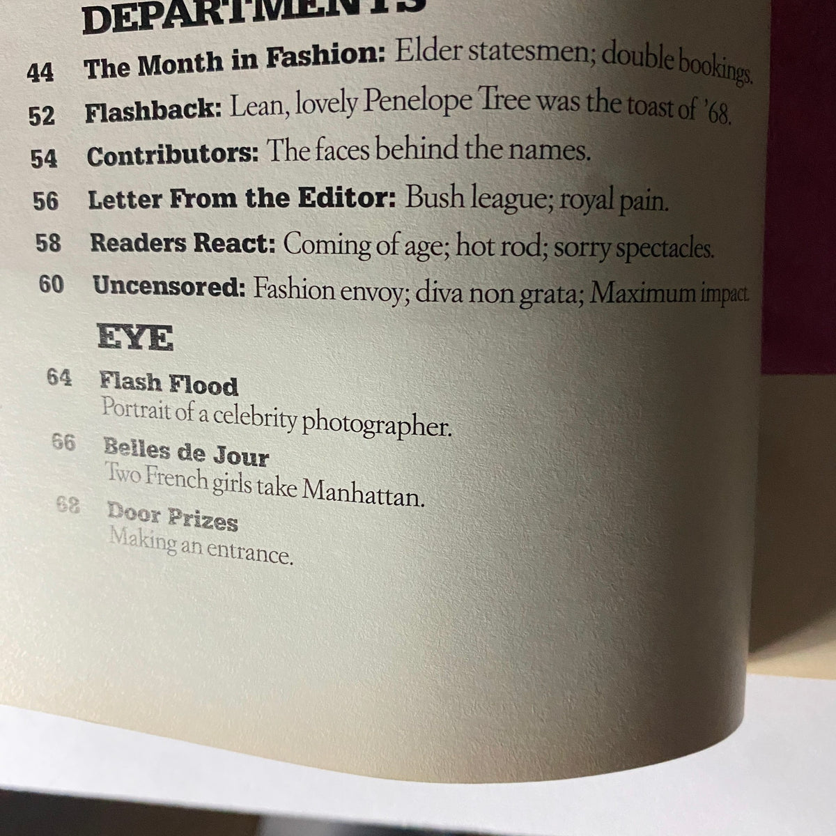 Table of contents from W Magazine April 2002, highlighting featured articles and departments related to fashion and culture.
