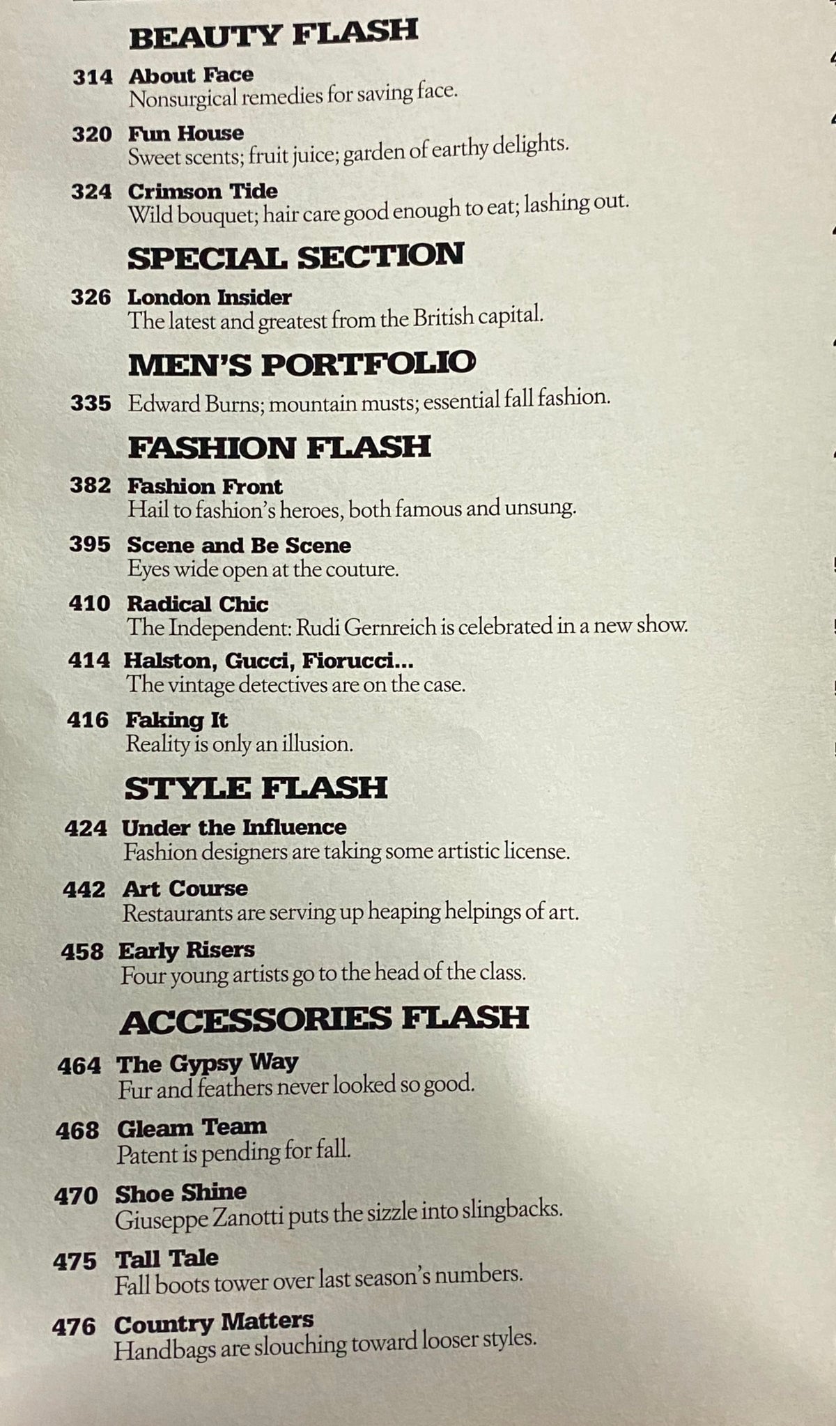Table of contents page from W Magazine September 2001 detailing featured articles including beauty and fashion trends.