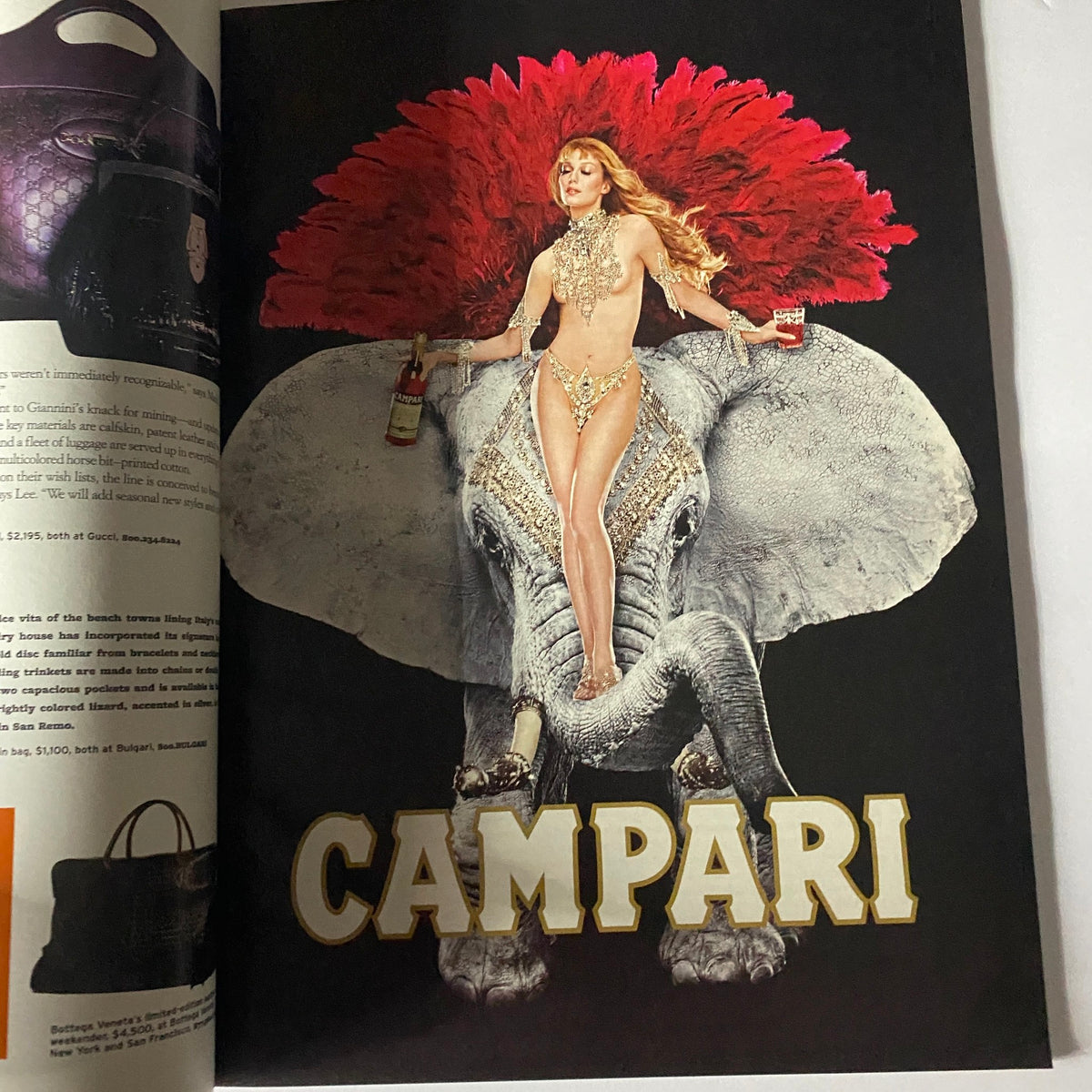 W Magazine July 2005 cover featuring an artistic advertisement for Campari showcasing a glamorous woman in a sparkling outfit on an elephant, symbolizing luxury and creativity.