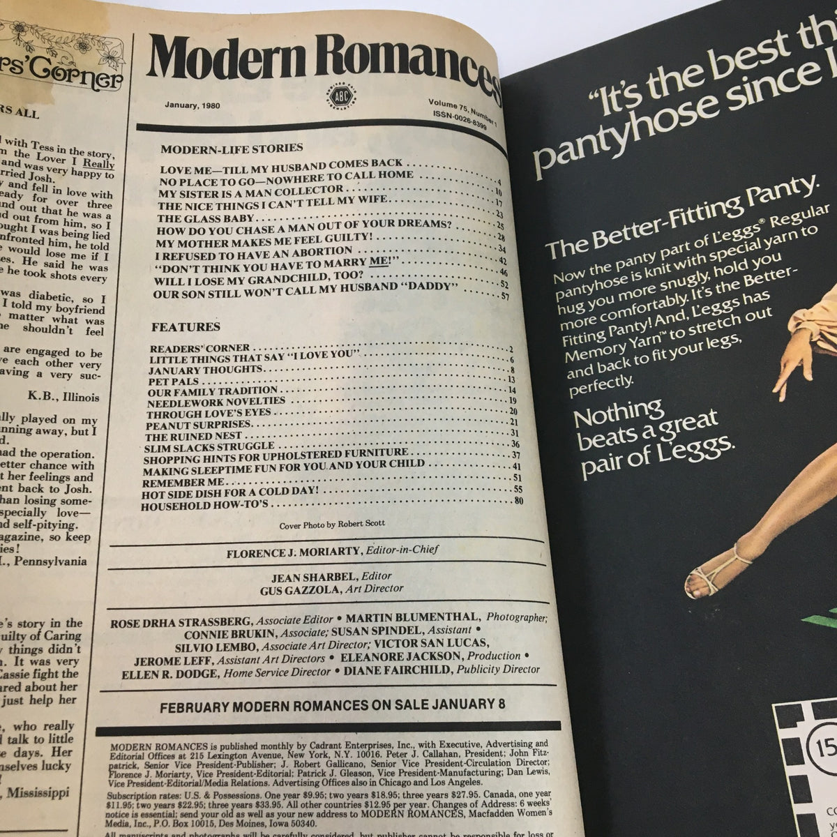 Inside page of Modern Romances Magazine January 1980 displaying table of contents and various articles featured in the issue.