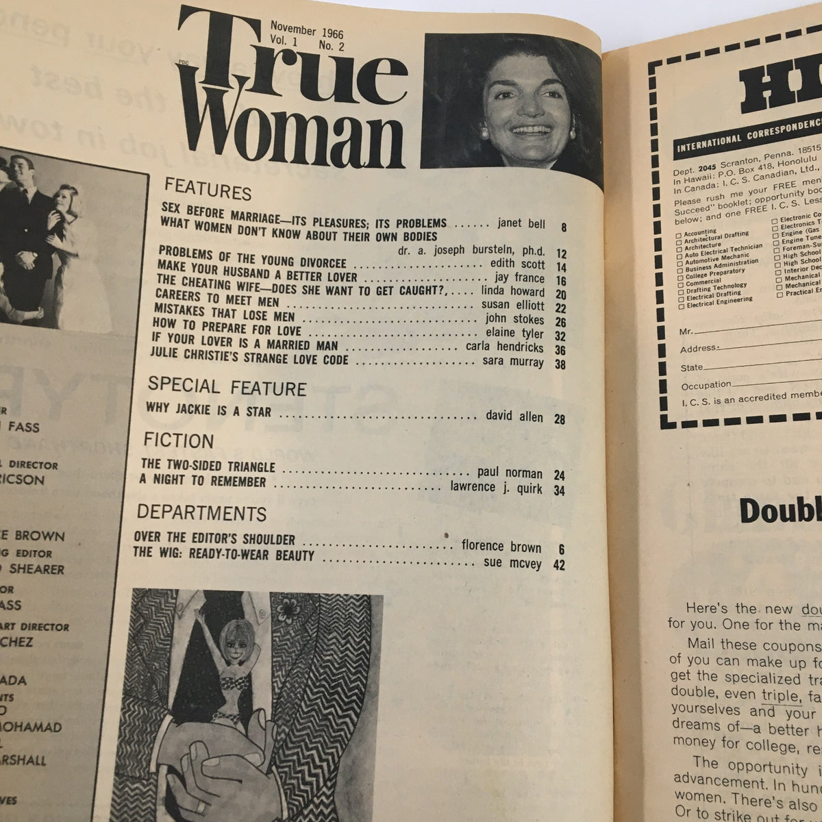 Inside page of True Woman Magazine November 1966 detailing articles on love preparation and marital issues, showcasing the magazine's historic content.