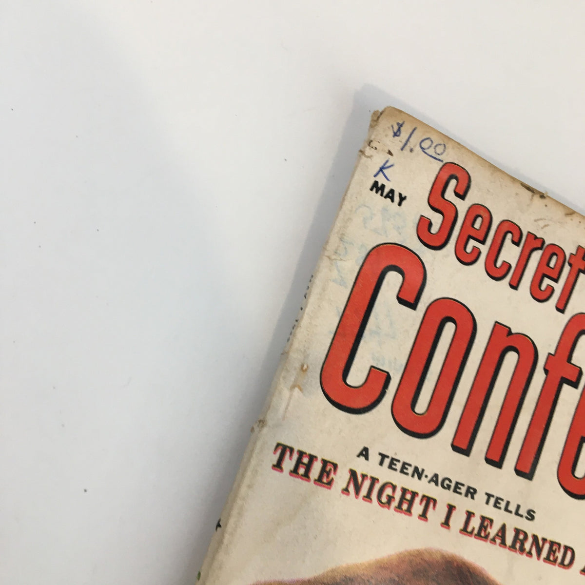 Close-up of the top portion of Secret Confessions Magazine May 1957 showcasing the title and the price label.