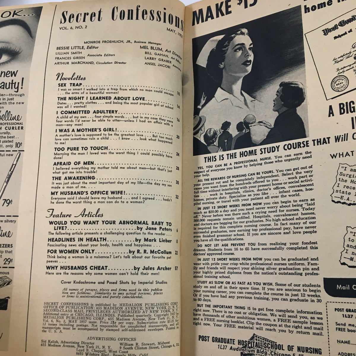 Interior page of Secret Confessions Magazine, May 1957, showcasing articles and story titles including 'The Night I Learned About Love'.