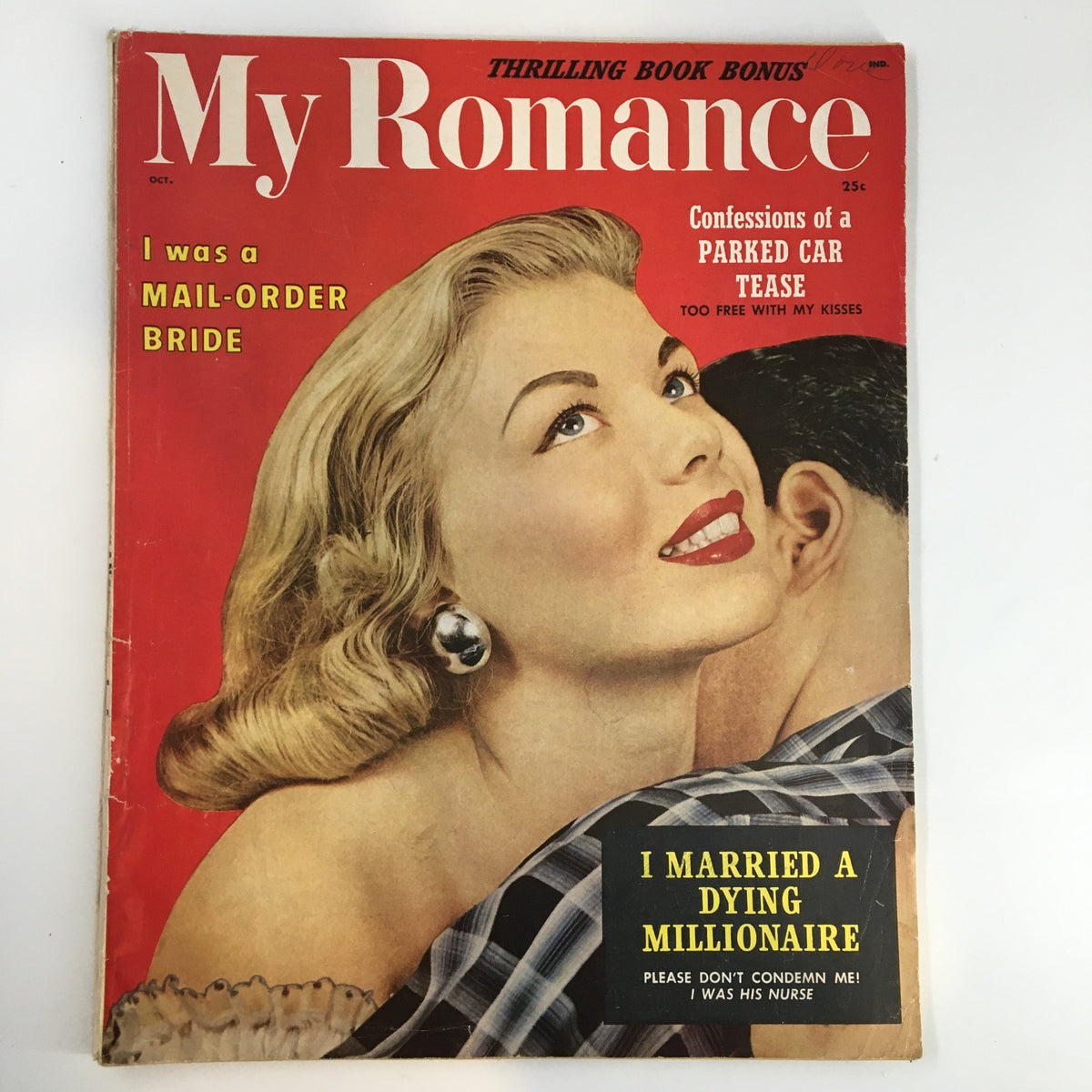 Front cover of My Romance Magazine, October 1958 edition featuring the article 'I Married A Dying Millionaire' with a classic vintage design and attractive artwork.