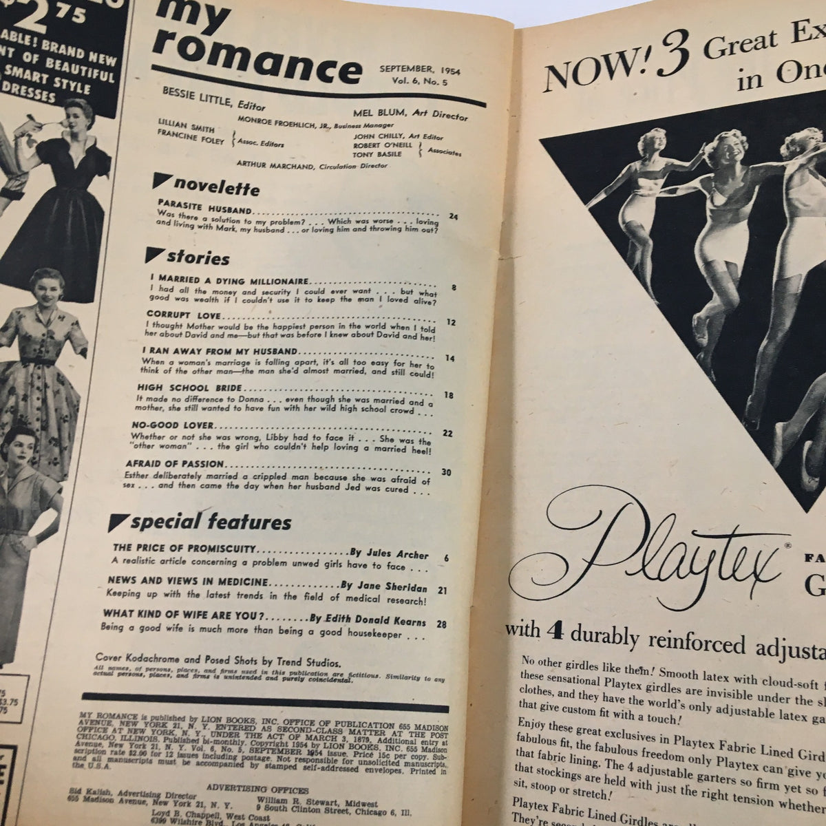 Interior page from VTG My Romance Magazine September 1954 featuring stories, including 'I Ran Away From My Husband', and advertisements. A nostalgic look into 1950s romance literature.