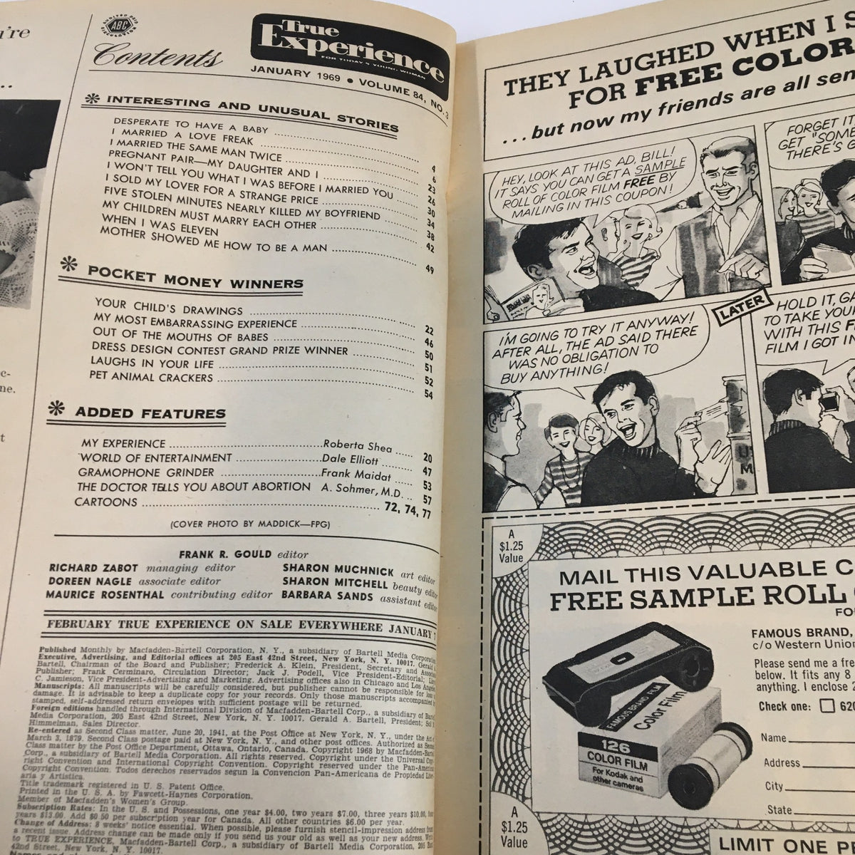 Interior page of True Experience Magazine January 1969 showing the table of contents with articles such as 'Desperate To Have A Baby' and other engaging stories.
