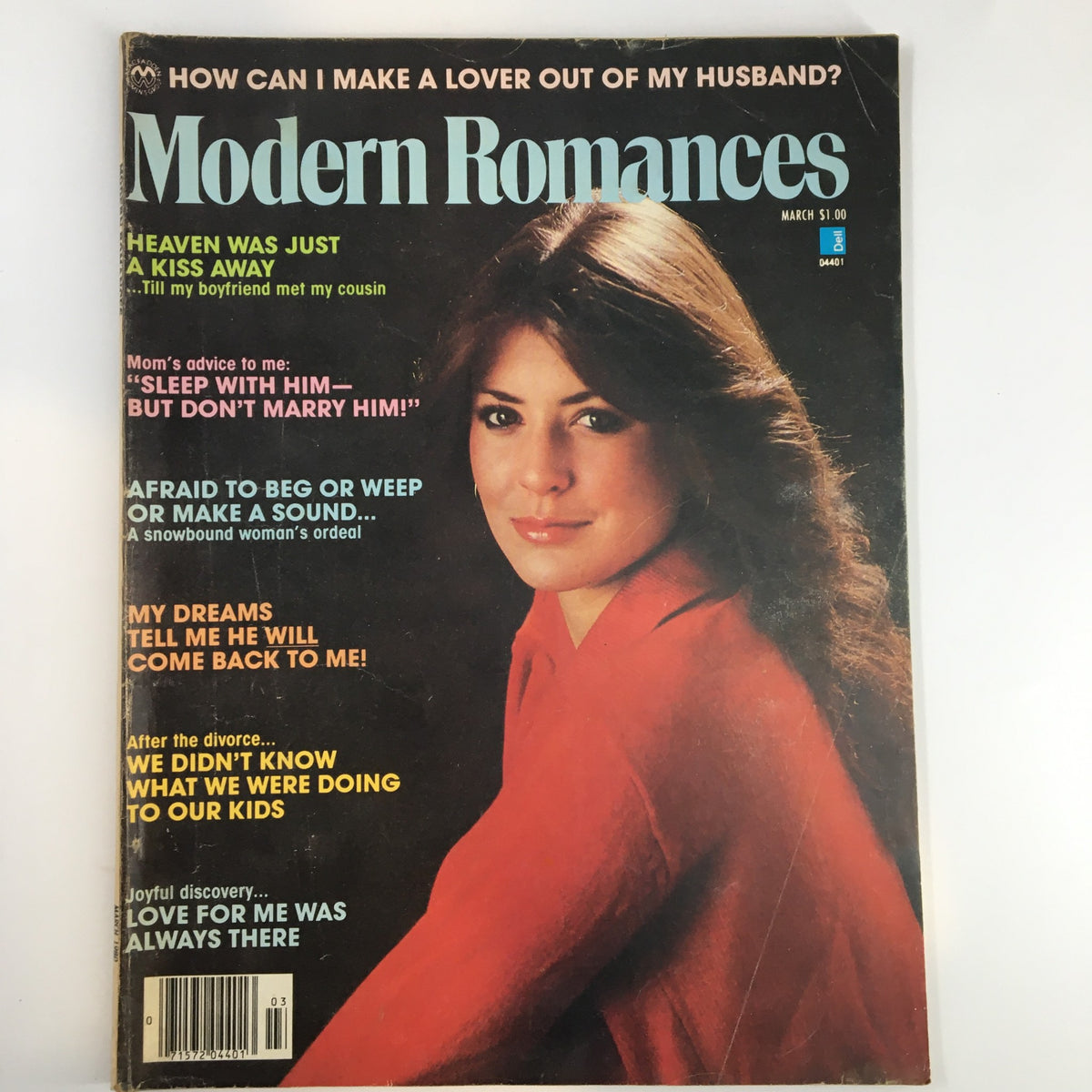 Cover of the VTG Modern Romances Magazine from March 1980 titled 'Heaven Was Just A Kiss Away', featuring a woman in a red shirt and headlines discussing romance and relationships.