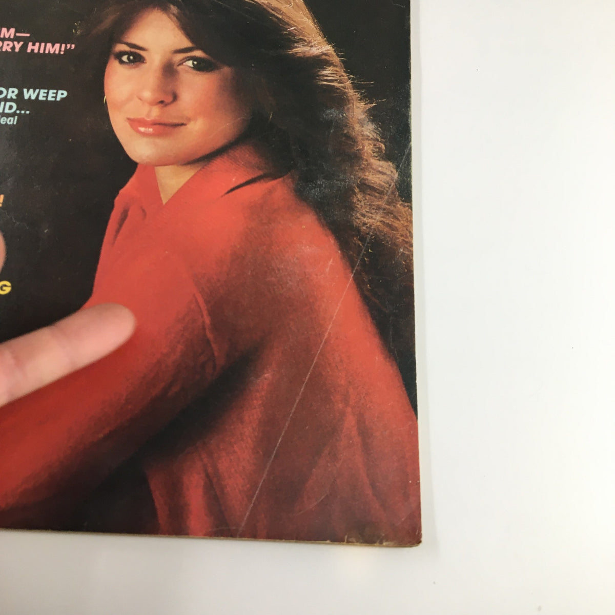 Close-up of the cover of the VTG Modern Romances Magazine March 1980 titled 'Heaven Was Just A Kiss Away', showing a woman with long hair in a red top and various enticing headlines.