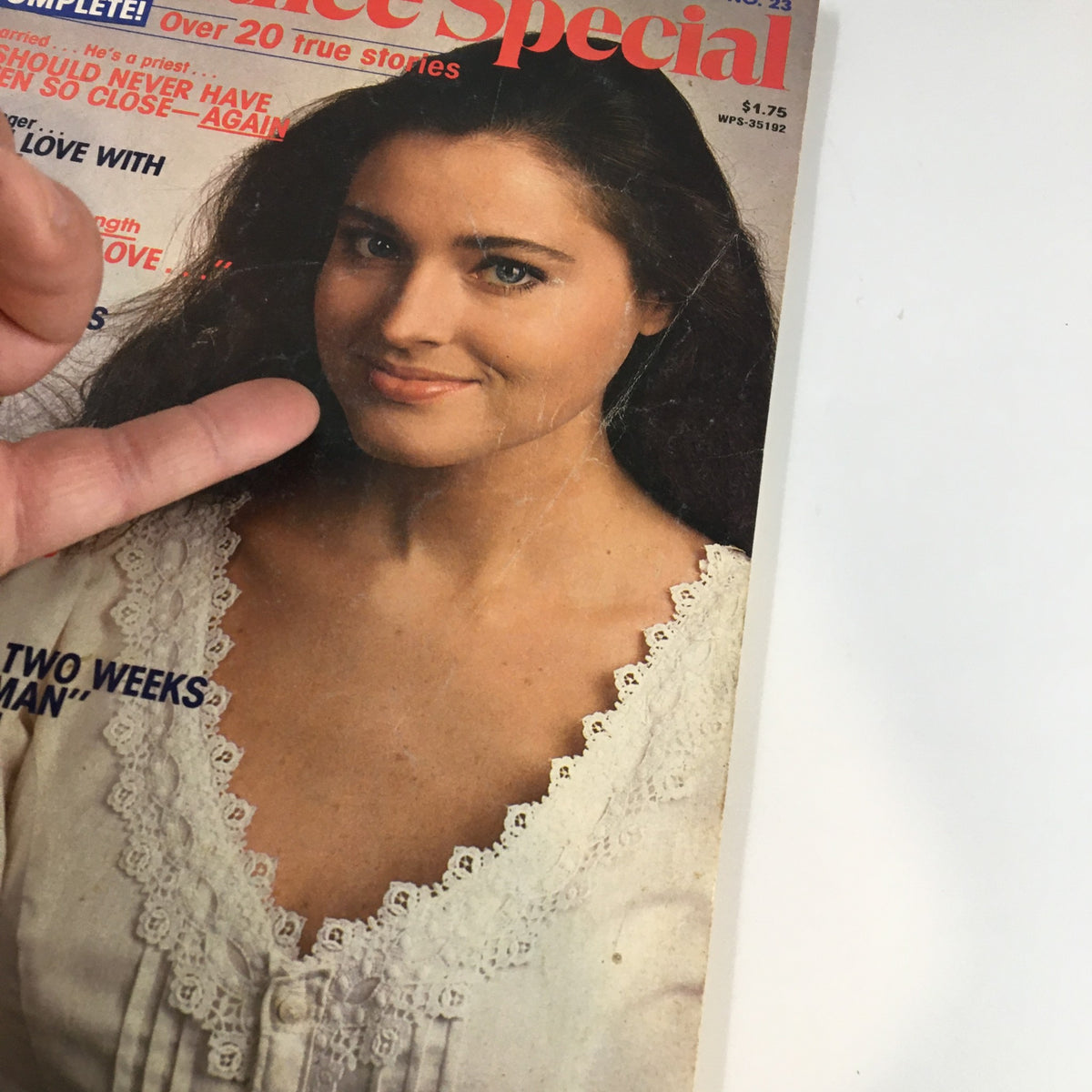 Close-up view of the cover of True Story Romance Special Magazine Summer 1983 showcasing the smiling woman and animated text about true love stories.