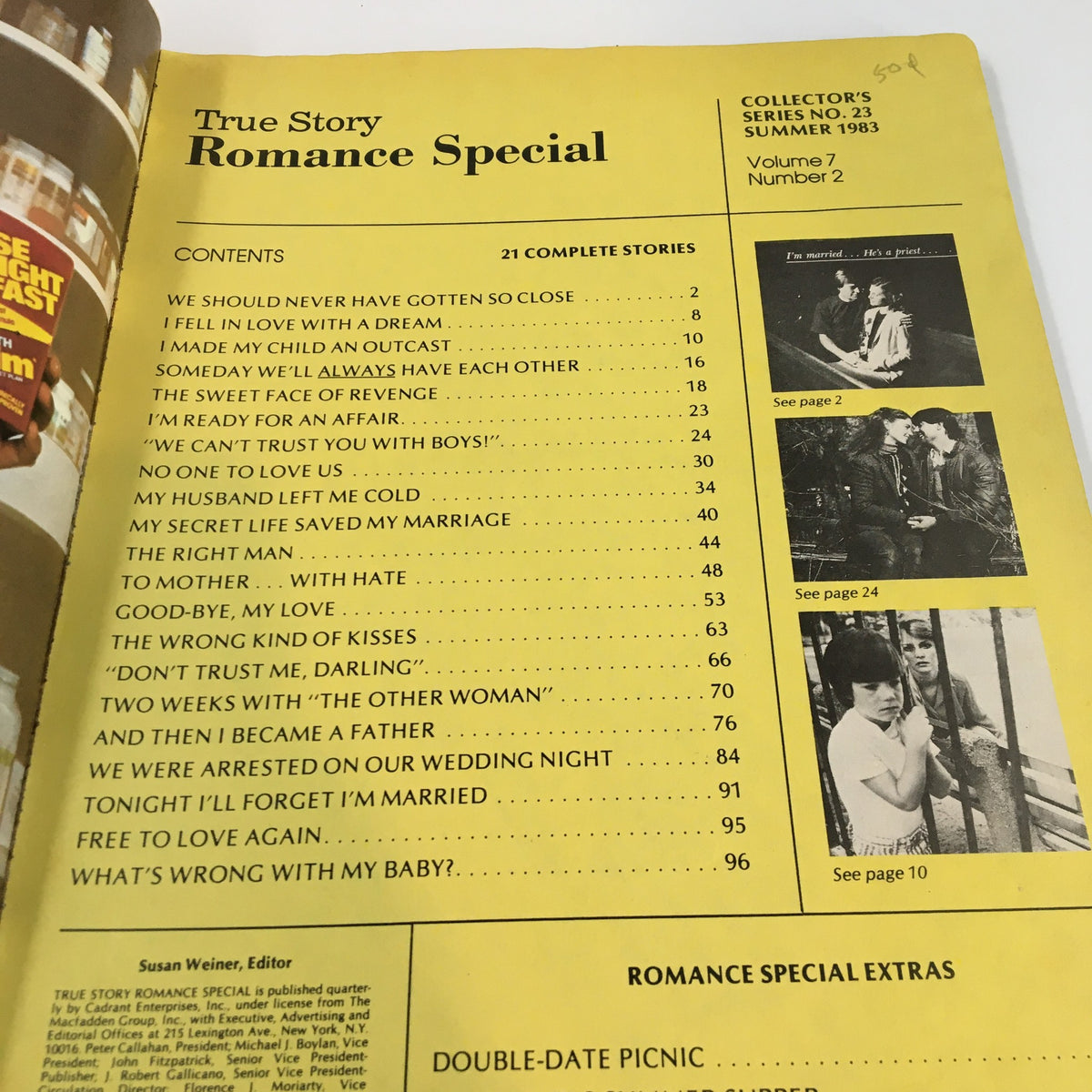 Contents page of True Story Romance Special Magazine Summer 1983 listing various romantic stories including themes of love, heartbreak, and relationship challenges.