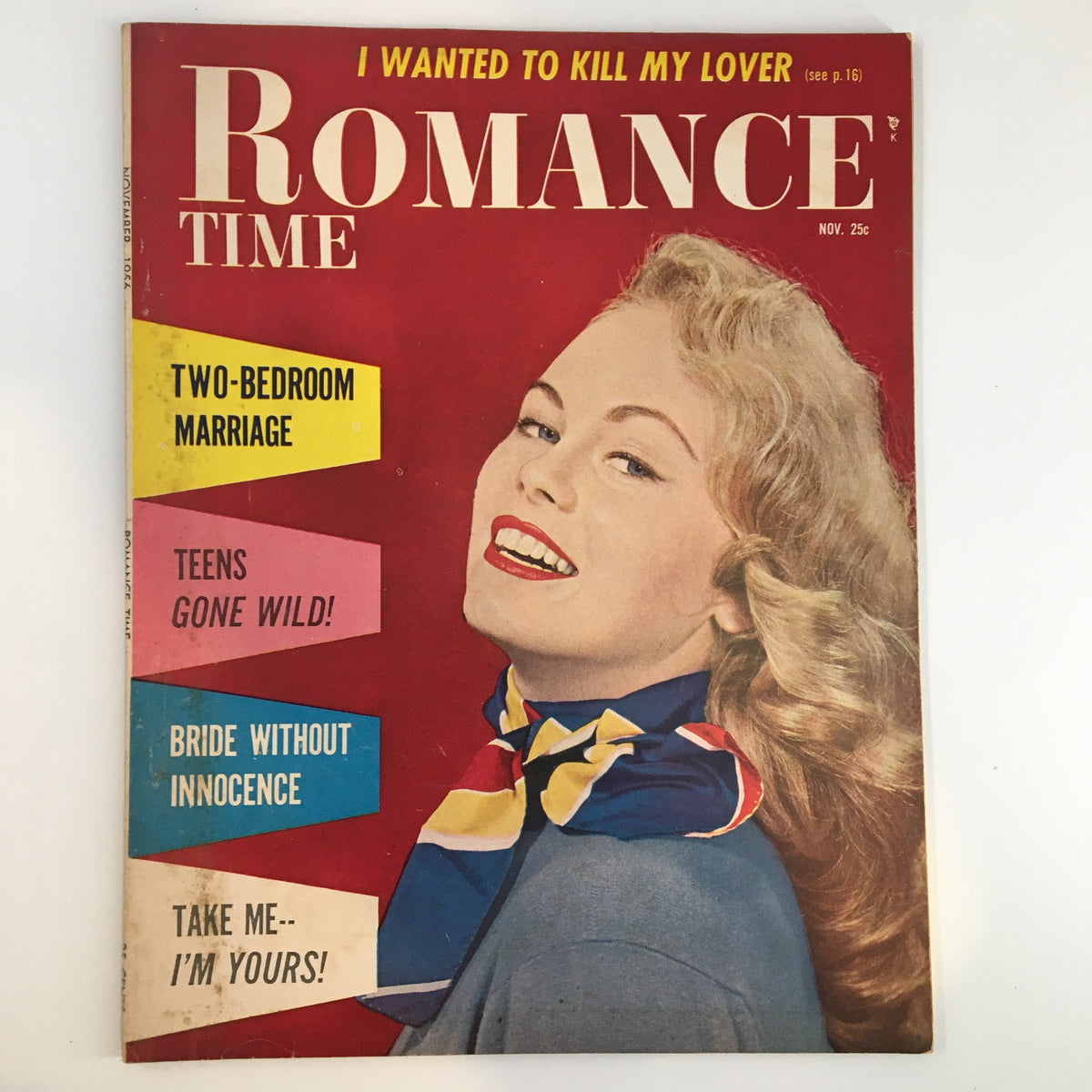 Cover of Romance Time Magazine November 1956 titled 'Bride Without Innocence', featuring a smiling woman with curly hair and a colorful scarf against a red background, showcasing article highlights.