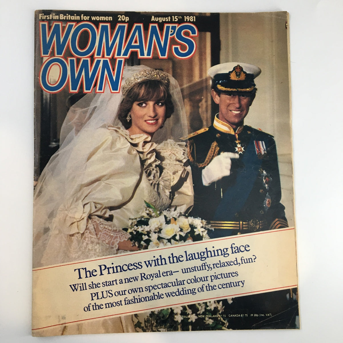 Cover of Woman's Own Magazine, August 15, 1981, featuring the wedding of Princess Diana and Prince Charles, with the headline 'The Princess with the laughing face.'