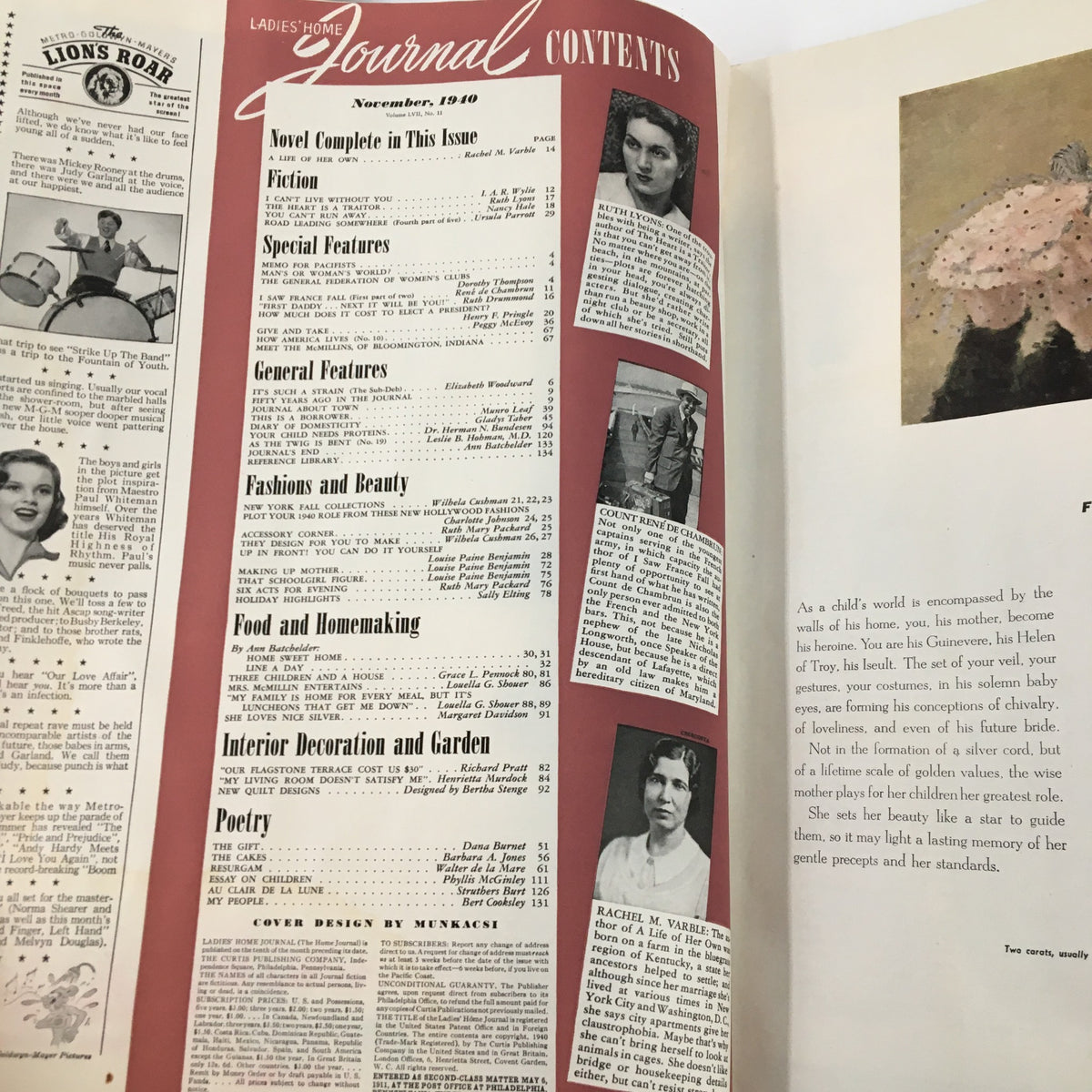 Table of contents page from Ladies Home Journal Magazine November 1910, detailing featured articles on fiction, fashion, food, and home decoration.