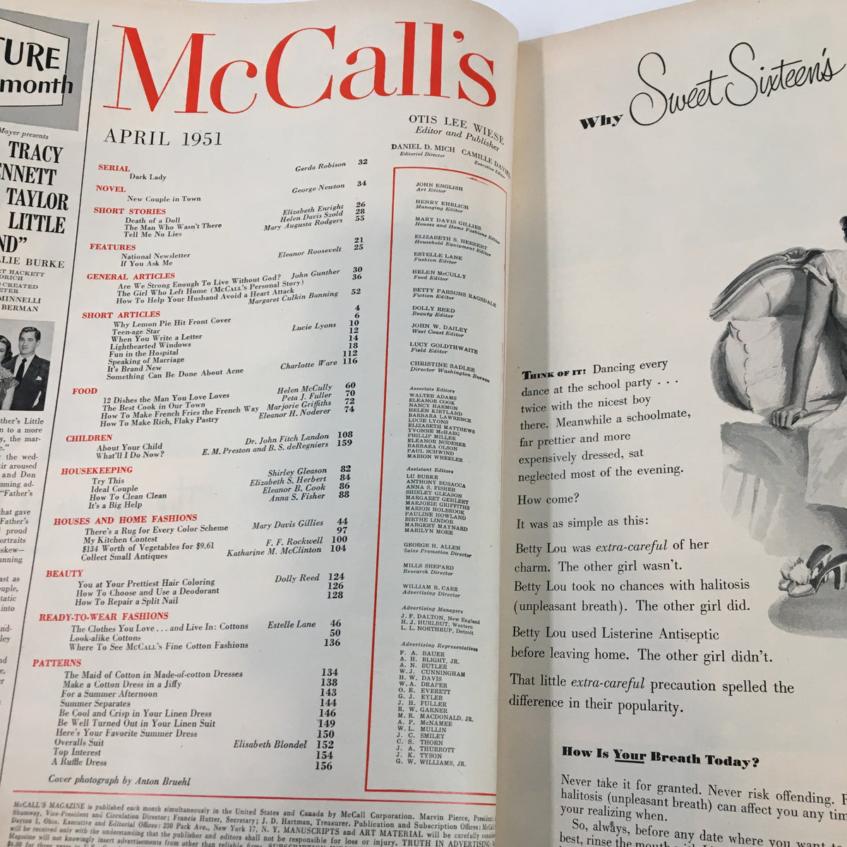 Inside pages of VTG McCall's Magazine April 1951 displaying the table of contents and various articles including 'The Girl Who Left Home'.