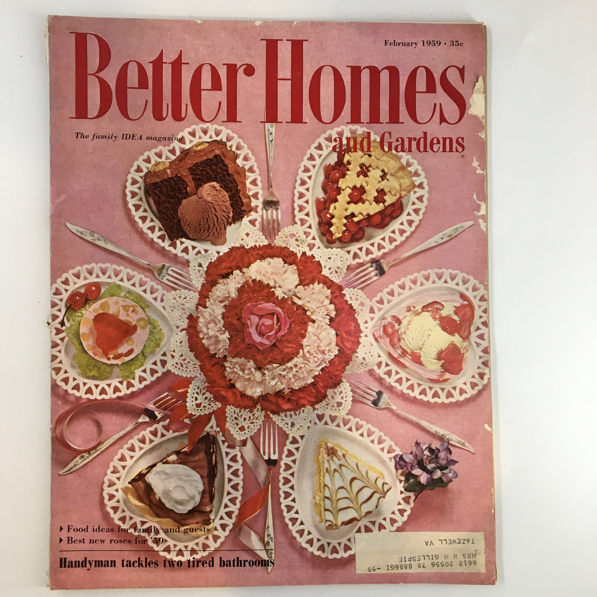 Cover of Better Homes & Gardens Magazine February 1959 featuring decorative desserts and the headline 'Handyman Tackles 2 Tired Bathrooms.' A vintage magazine showcasing home improvement and inspiration.