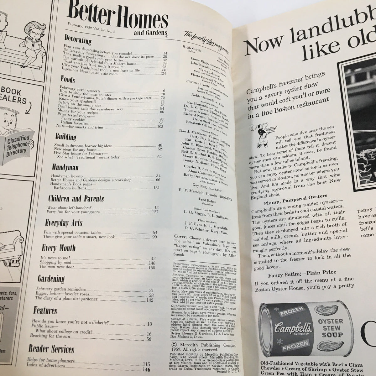 Interior page of Better Homes & Gardens Magazine February 1959 showcasing contents including articles on home improvement, building, gardening, and a recipe feature, highlighting its rich vintage content.