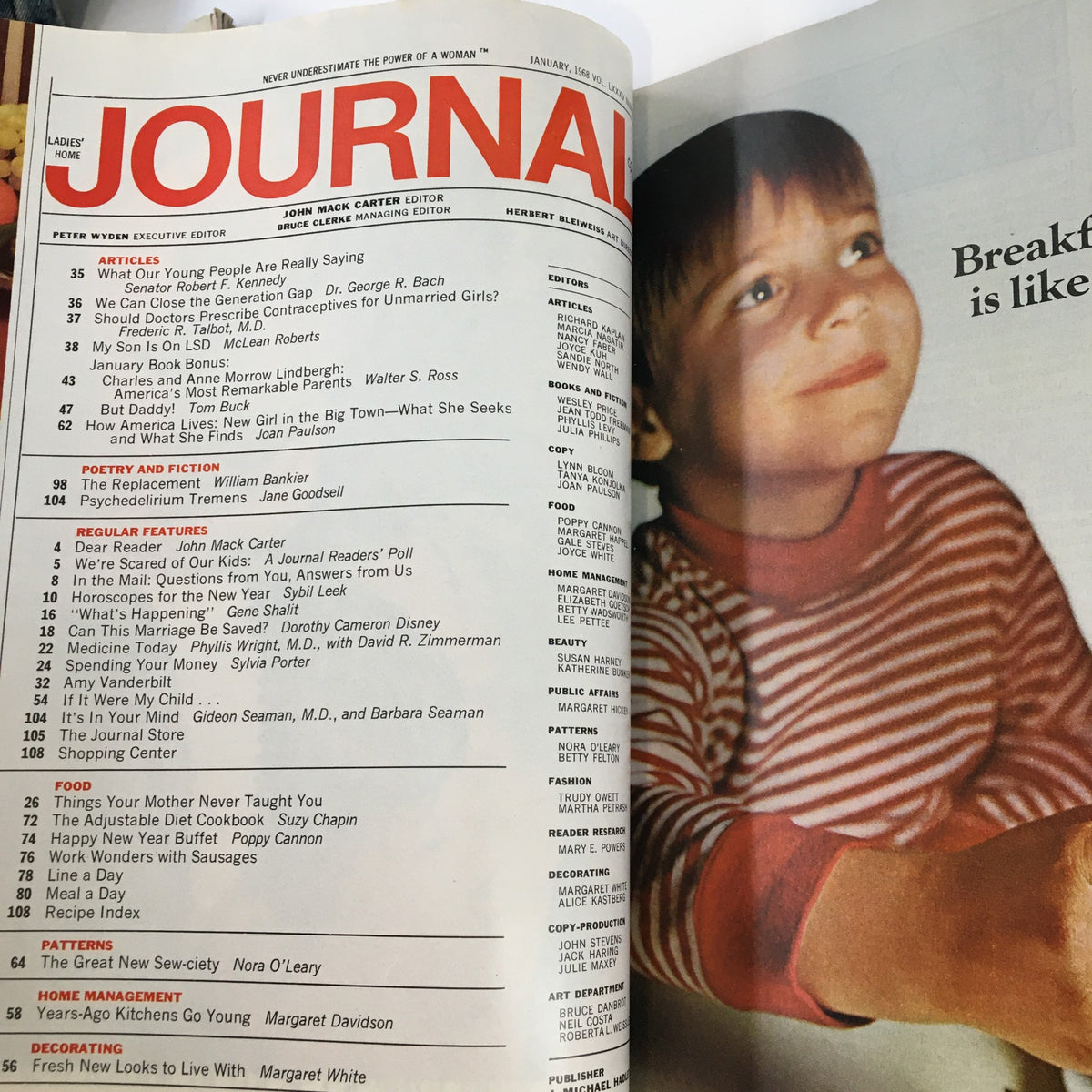 Inside page of Ladies' Home Journal Magazine January 1968 revealing the table of contents, including articles covering youth concerns, family topics, and health advice, reflecting the magazine’s diverse content.