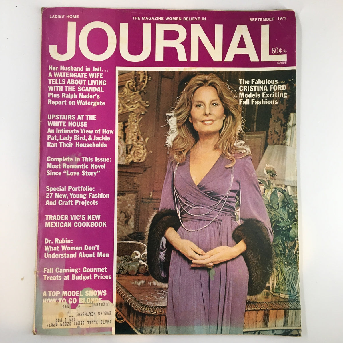 Cover of Ladies' Home Journal Magazine September 1973 featuring Christina Ford modeling fall fashions with a vintage background.