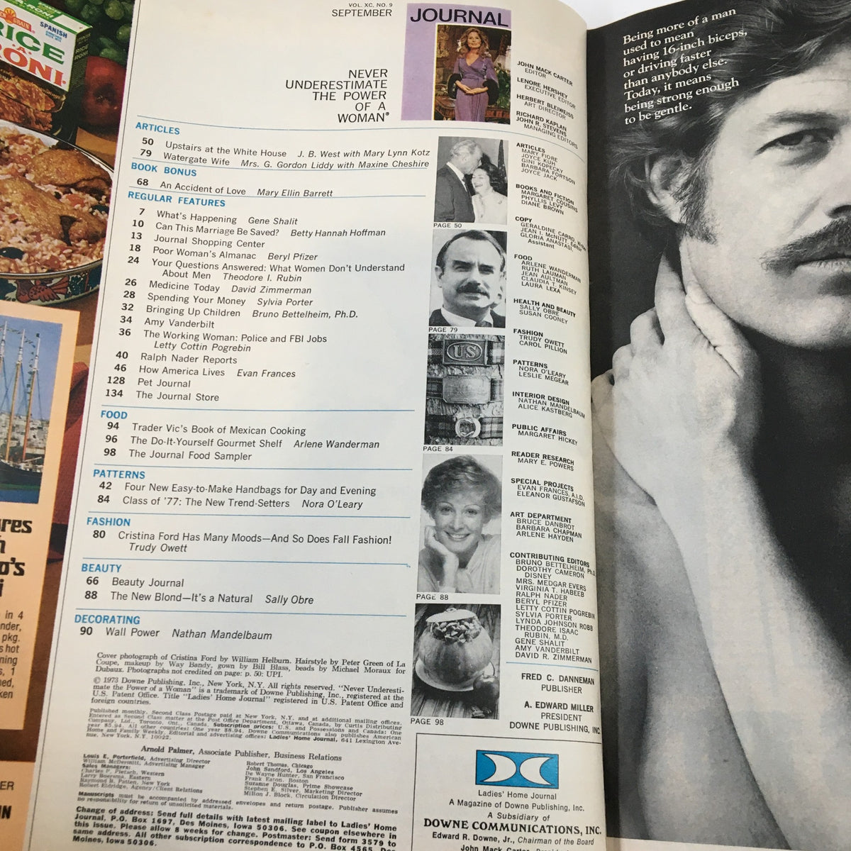 Table of contents from Ladies' Home Journal Magazine September 1973 detailing articles on lifestyle, fashion, and beauty tips.