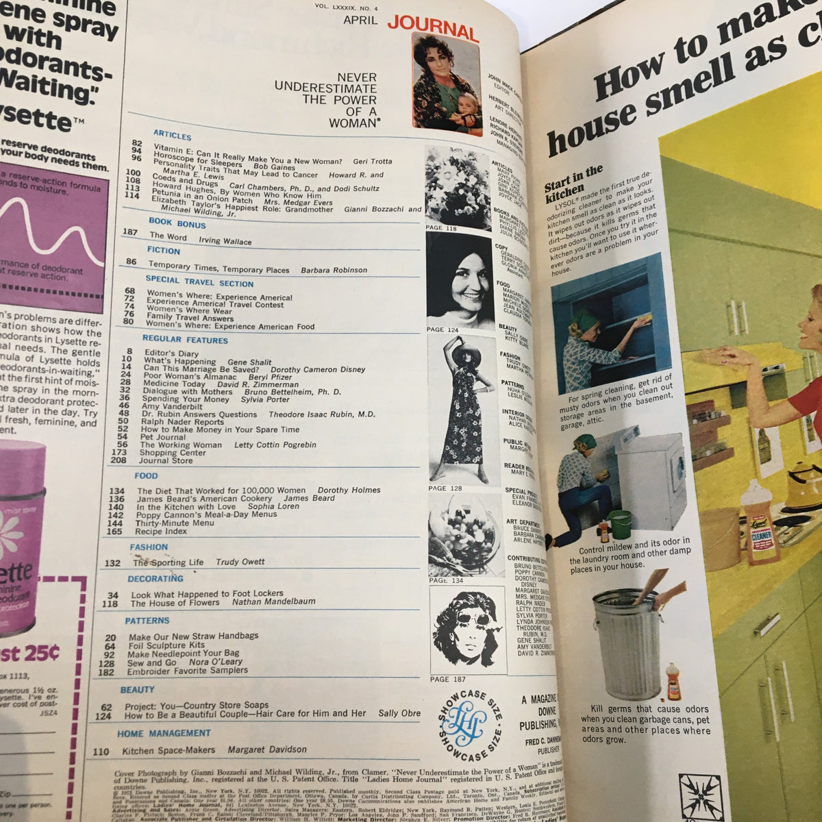 Interior page of the Ladies' Home Journal Magazine April 1972 highlighting various articles and features, including recipes and home care tips, reflecting the lifestyle and cultural context of the 1970s.