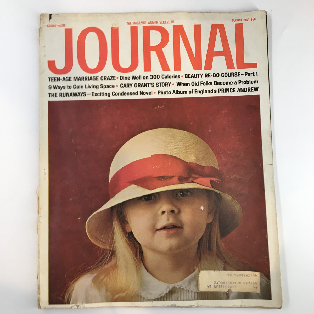 Cover of Ladies' Home Journal Magazine March 1963 featuring the headline 'Teen-Age Marriage Craze' with a young girl wearing a hat.
