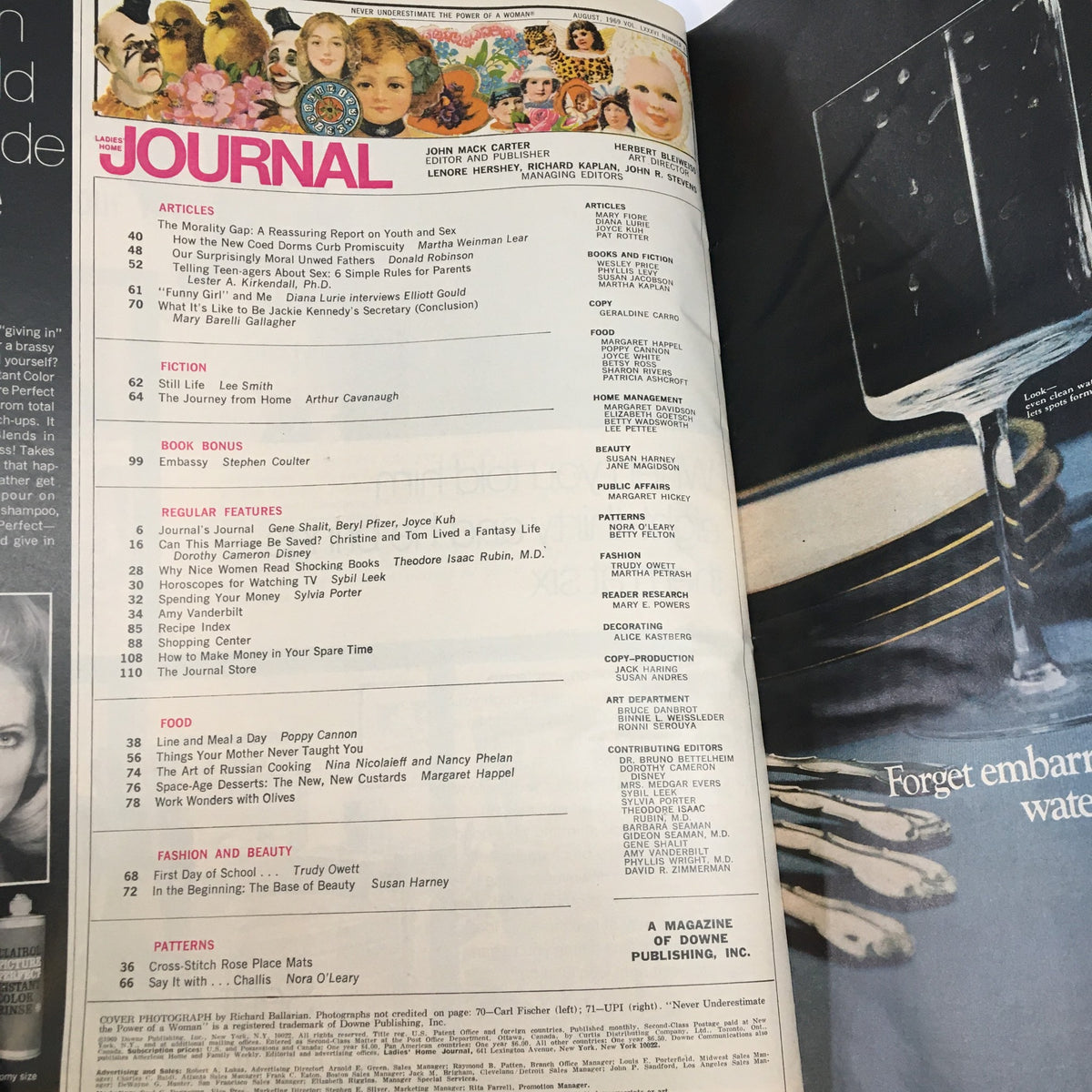Contents page of Ladies' Home Journal Magazine August 1969, listing articles and features, including fashion and beauty sections.