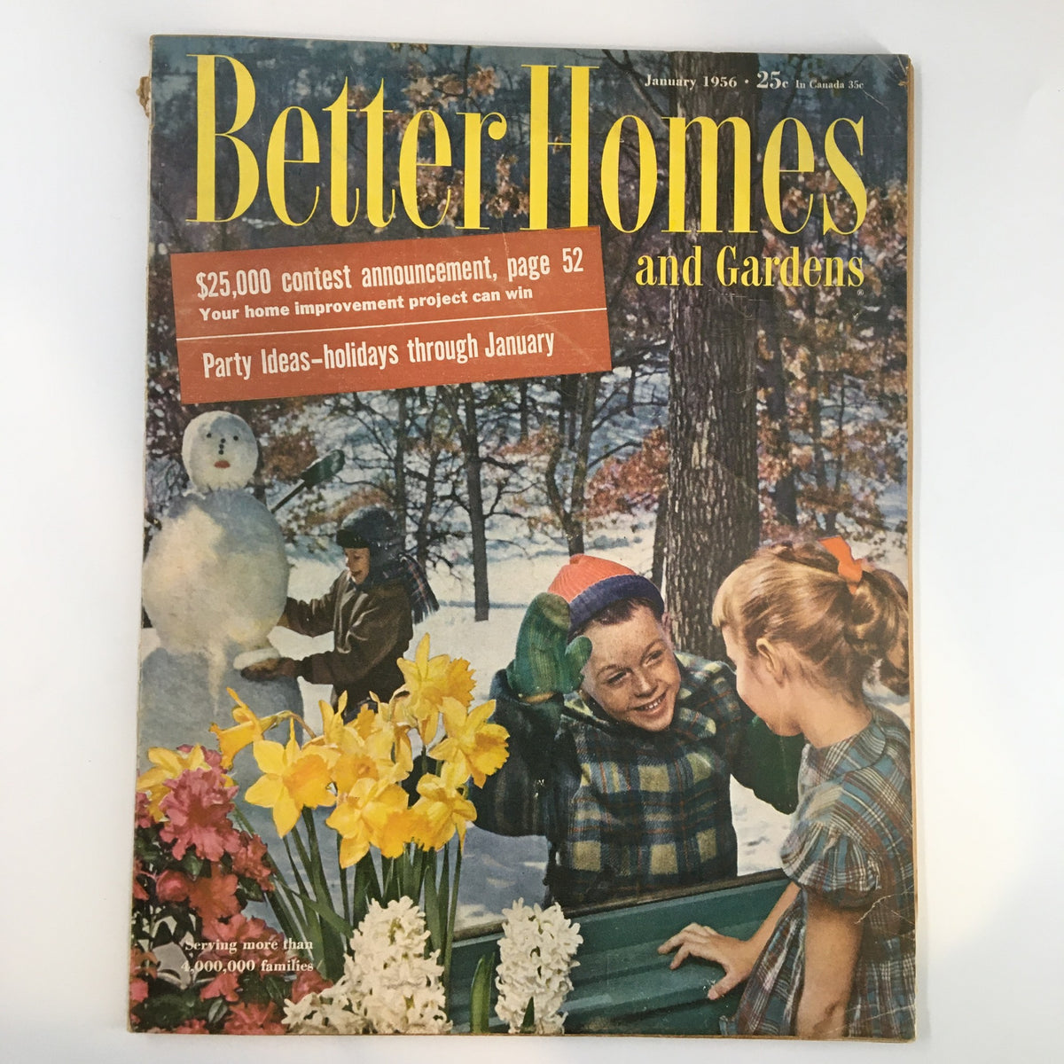 Cover of Better Homes & Gardens Magazine January 1956 featuring children playing in snow with a snowman, floral accents, and text about a contest and party ideas.