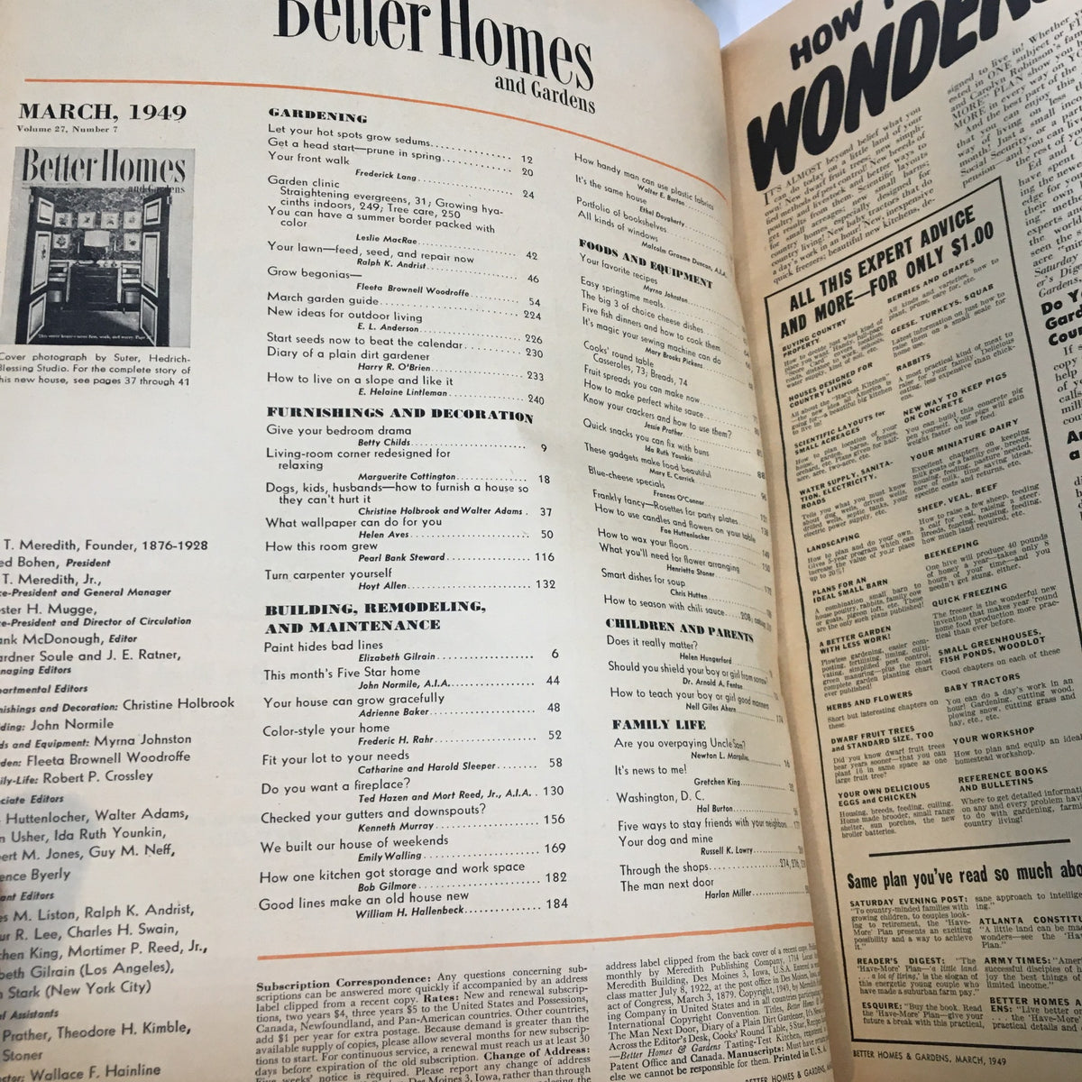 Contents page of Better Homes & Gardens Magazine March 1949, listing various articles on gardening, home improvement, and vintage living tips.
