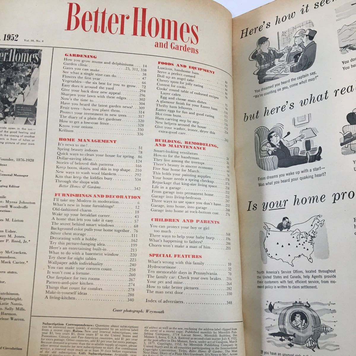 Interior page of Better Homes & Gardens Magazine April 1952 displaying a table of contents with sections on gardening, home management, and more.