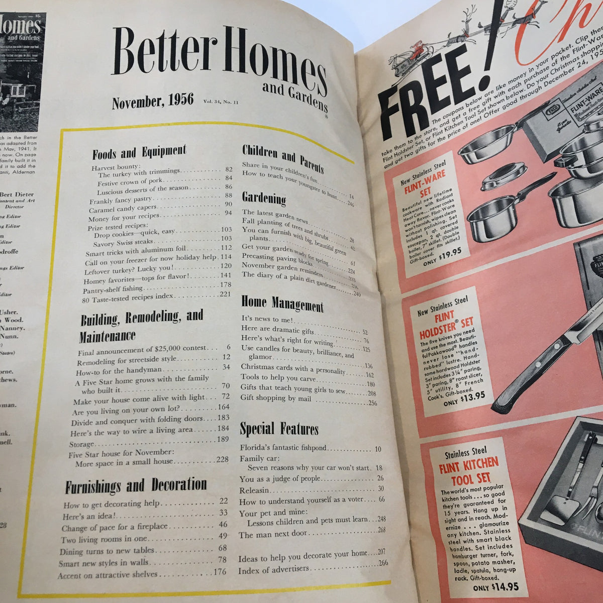 Interior page of Better Homes & Gardens Magazine November 1956 displaying the contents table with sections on foods, gardening, home management, and special features, highlighting the magazine's diverse topics.