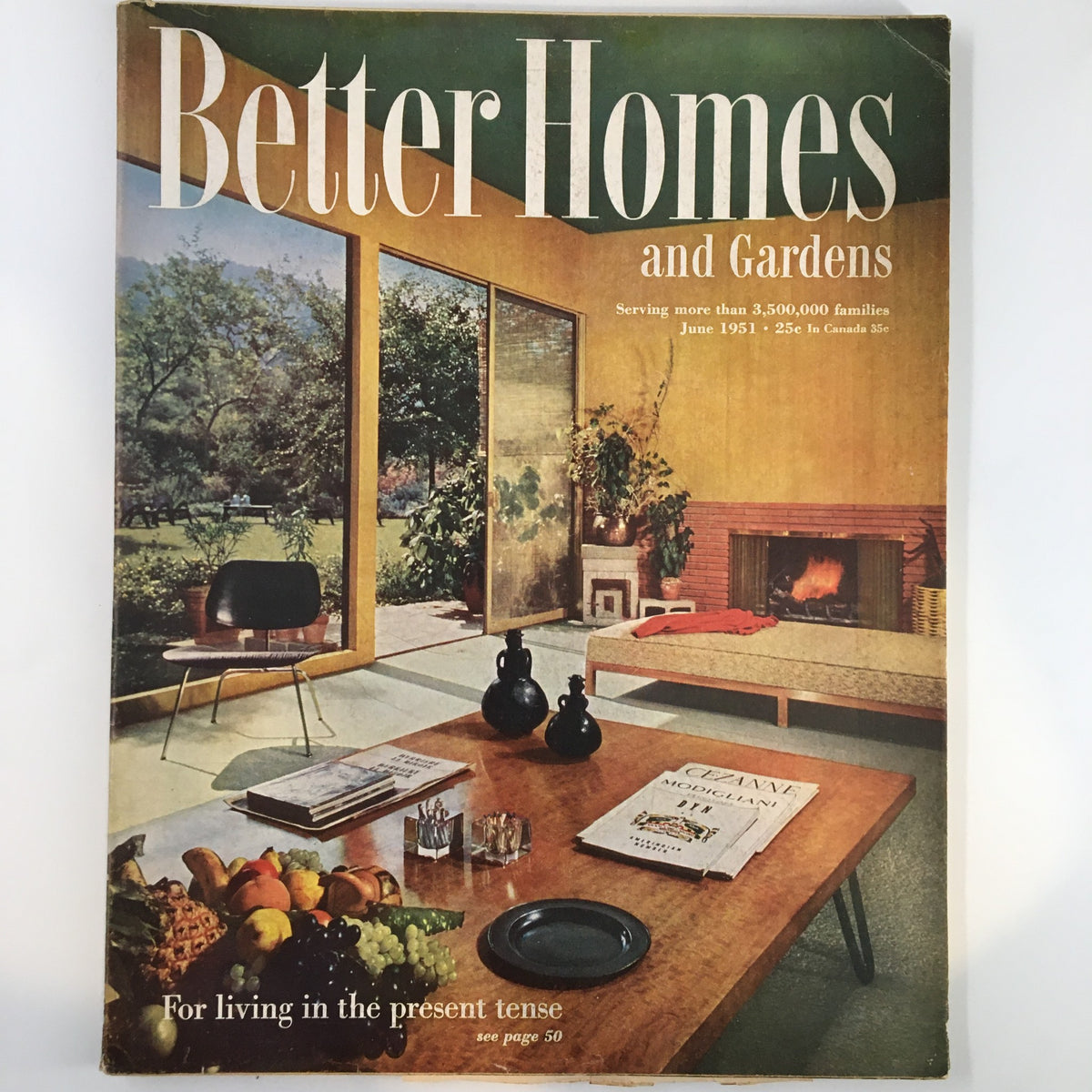 Cover of Better Homes & Gardens Magazine June 1951 featuring a modern living area with an indoor fireplace, showcasing vintage home decor and lifestyle inspiration.
