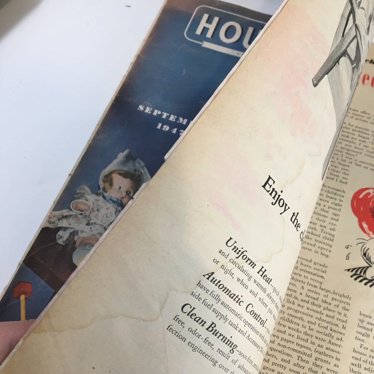 Inside view of VTG Household Magazine September 1947 showing pages with vintage illustrations and a doll, capturing the essence of the late 1940s.