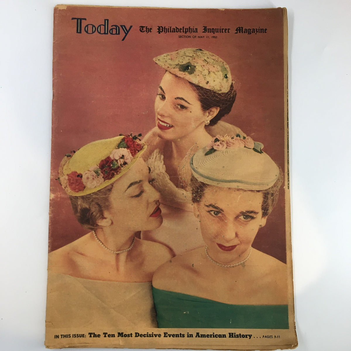 Cover of The Philadelphia Inquirer Magazine from May 11, 1952 featuring three women modeling fashionable hats, showcasing vintage fashion and the cultural style of the era.