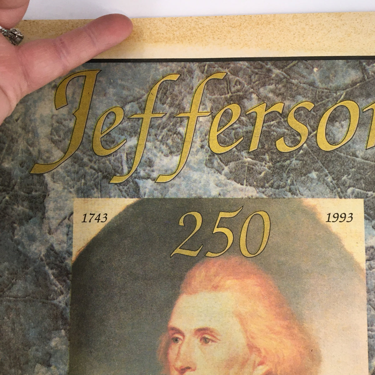 Close-up of the title on The Daily Progress Magazine February 26, 1993, highlighting Jefferson's 250th birthday.