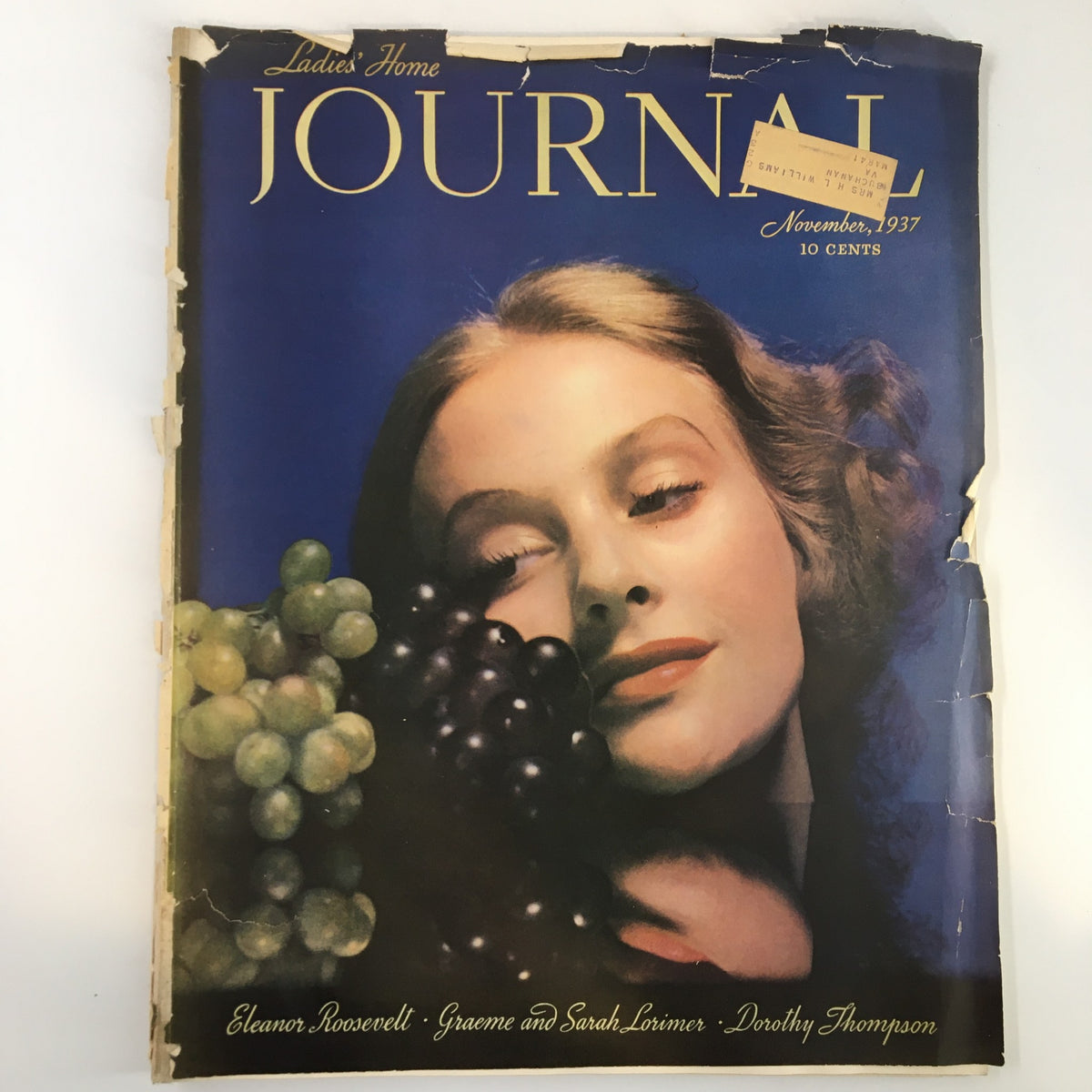 Ladies' Home Journal Magazine November 1937 cover featuring a woman with grapes and the text highlighting Eleanor Roosevelt and Dorothy Thomas.