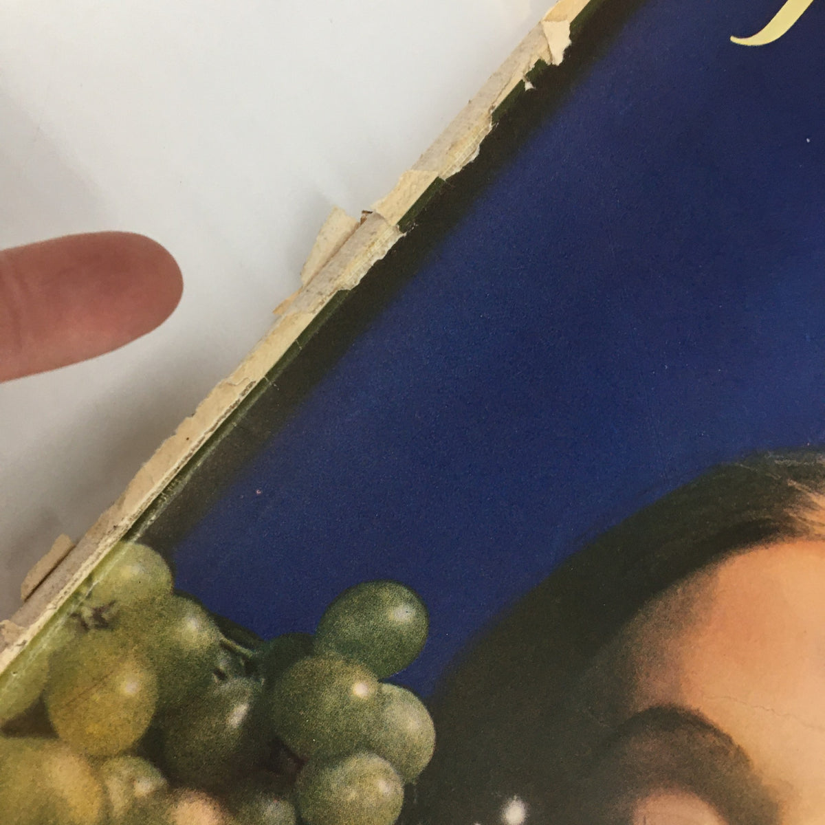 Close-up view of the Ladies' Home Journal Magazine November 1937 cover, focusing on the top edge and grapes next to the woman's face.