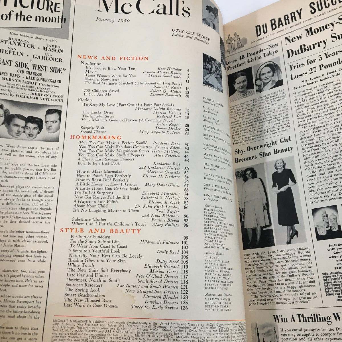 Interior page of VTG McCall's Magazine from January 1950, featuring the table of contents with sections on news, homemaking, style, and beauty, highlighting articles and contributions, including work by Margaret Culkin Banning.