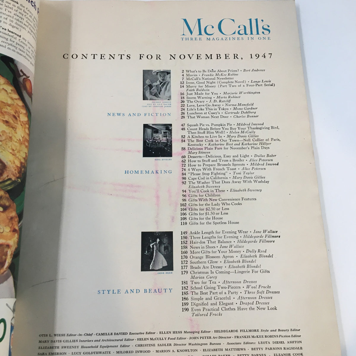 Contents page of VTG McCall's Magazine November 1947, listing articles and sections within the issue, highlighting its diverse topics on news and homemaking.