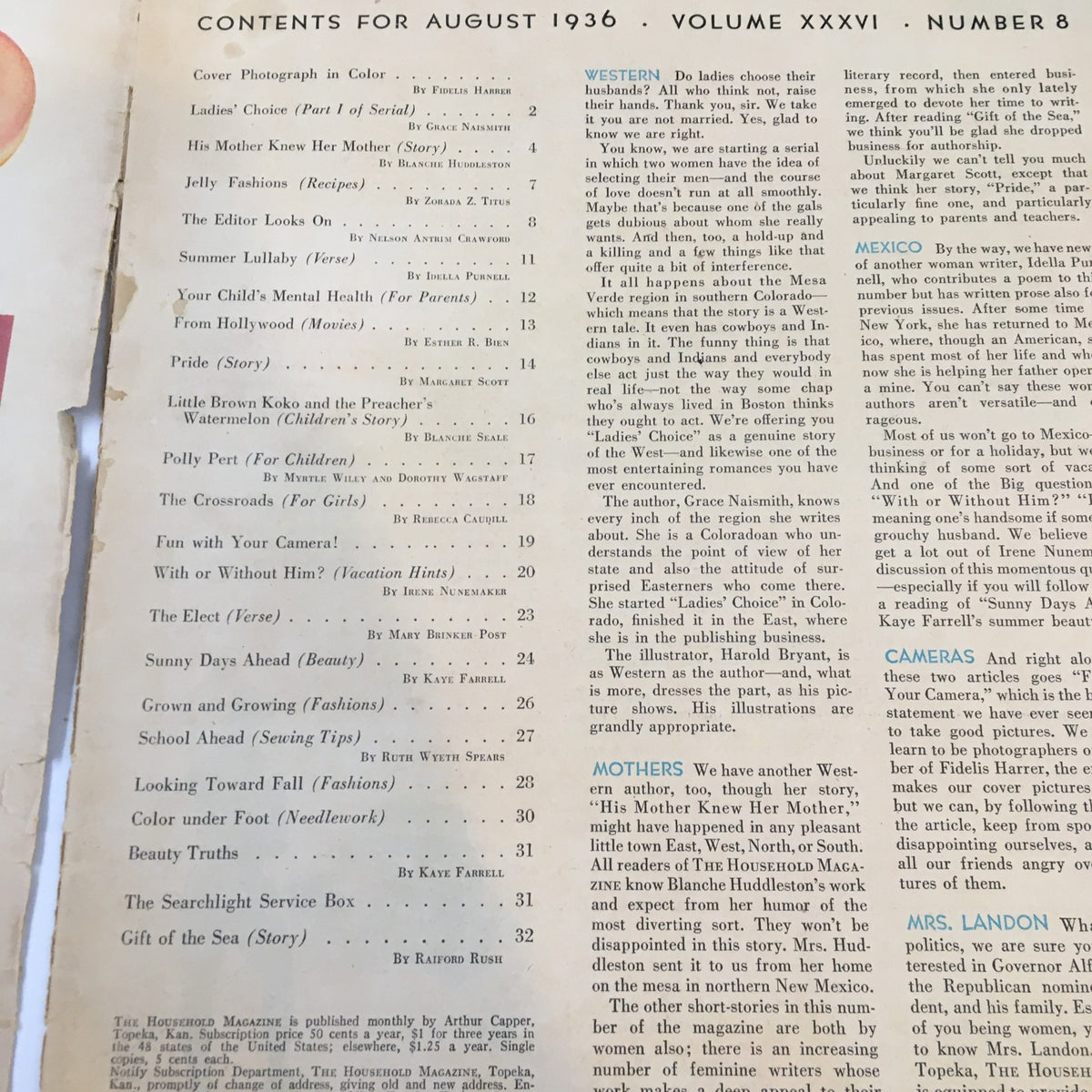 Detailed look at the contents page of the VTG Household Magazine August 1936, highlighting articles and stories from the era.