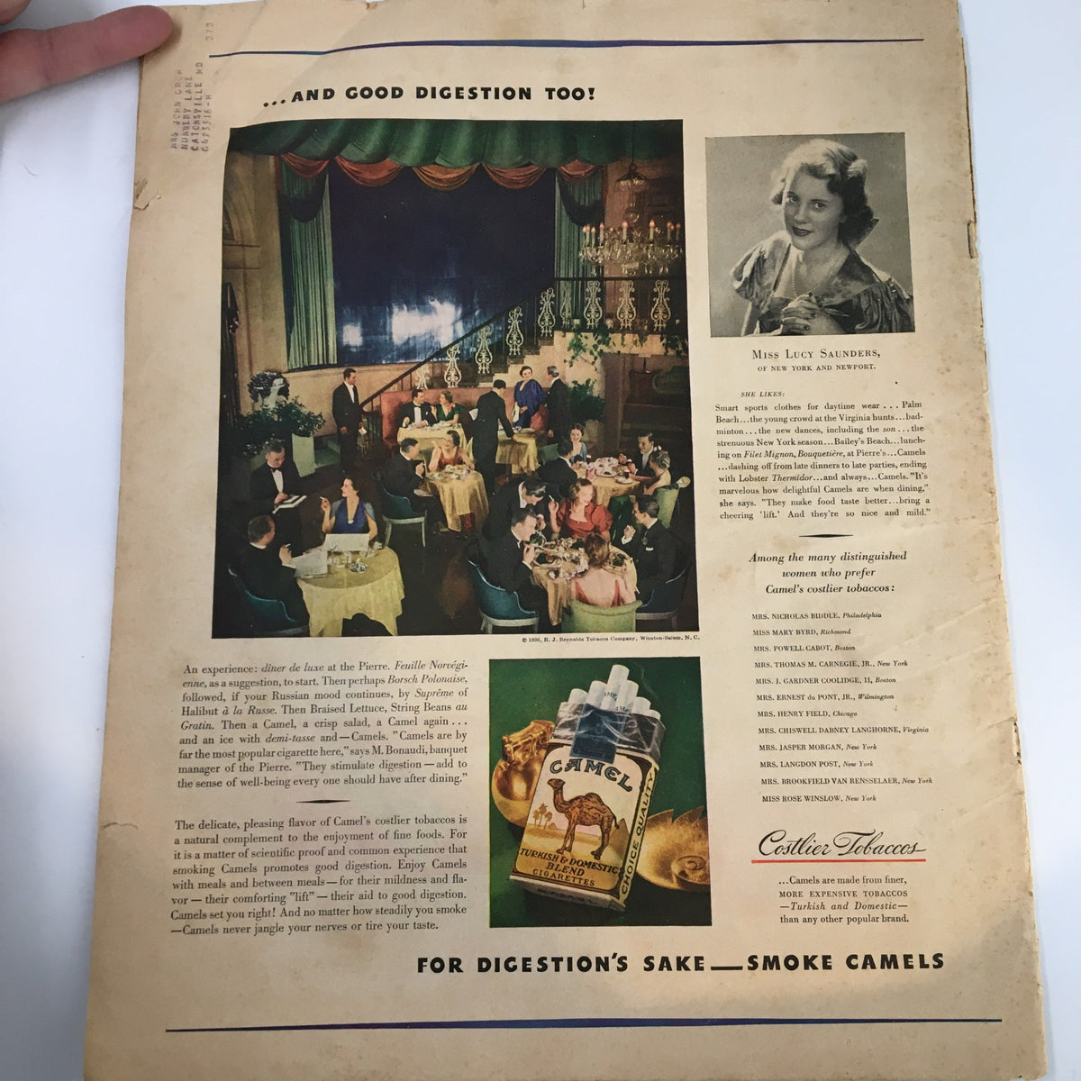 Back cover of the VTG Household Magazine August 1936, featuring an advertisement for Camel cigarettes and a social dining scene.