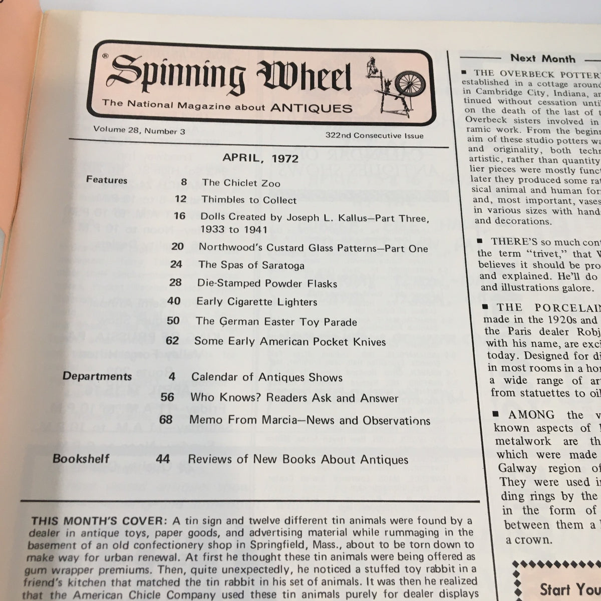 Table of contents from the April 1972 issue of VTG Spinning Wheel Magazine, highlighting articles on Early American Pocket Knives and other antiques.
