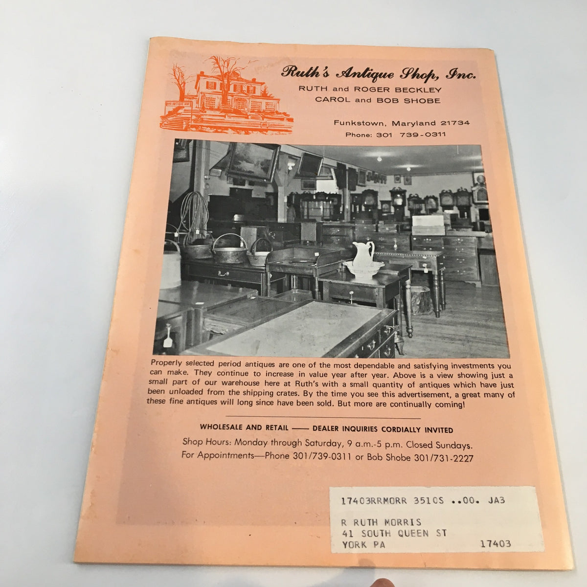 Cover of Ruth's Antique Shop, showcasing vintage furniture and collectibles, featured in the April 1972 issue of VTG Spinning Wheel Magazine.