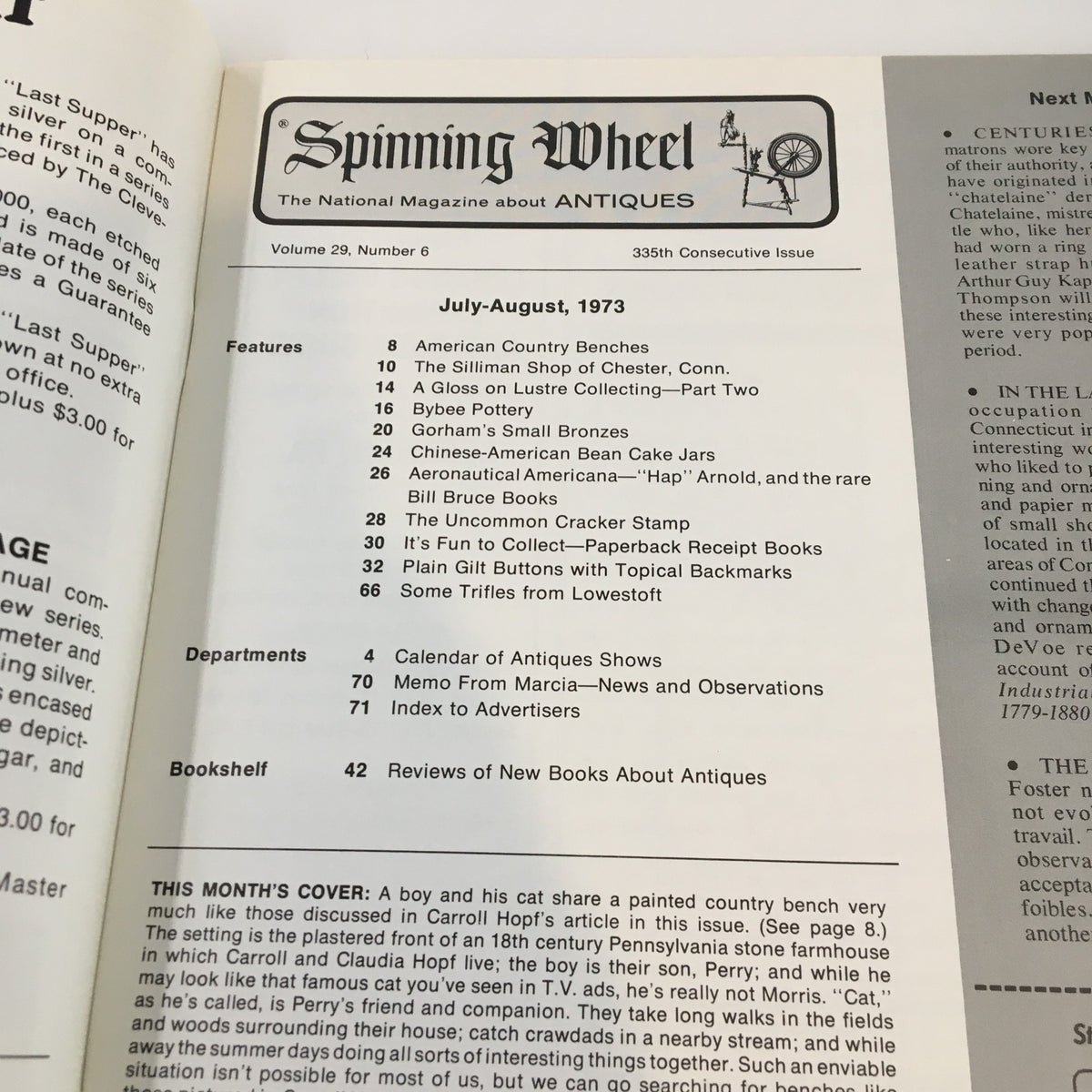 Table of contents page from Spinning Wheel Magazine July-August 1973 showcasing articles about American County Benches, antique shops, and collectible antiques.
