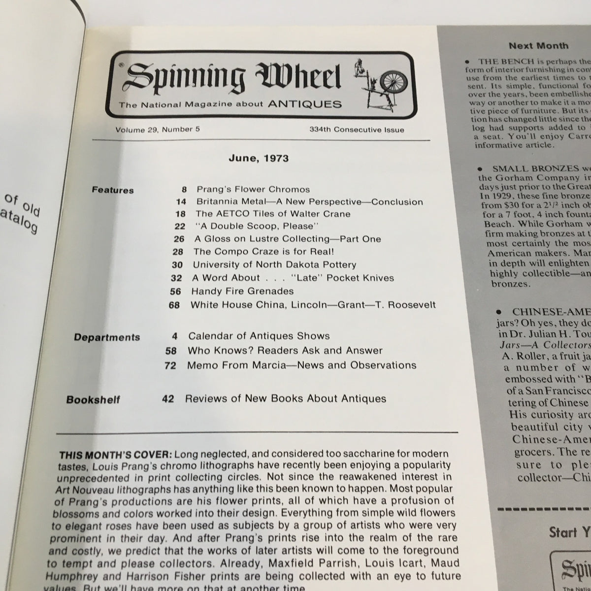 Inside page of the June 1973 'Spinning Wheel' magazine showing the table of contents, highlighting features such as Prang's Flower Chromos and various antique topics.