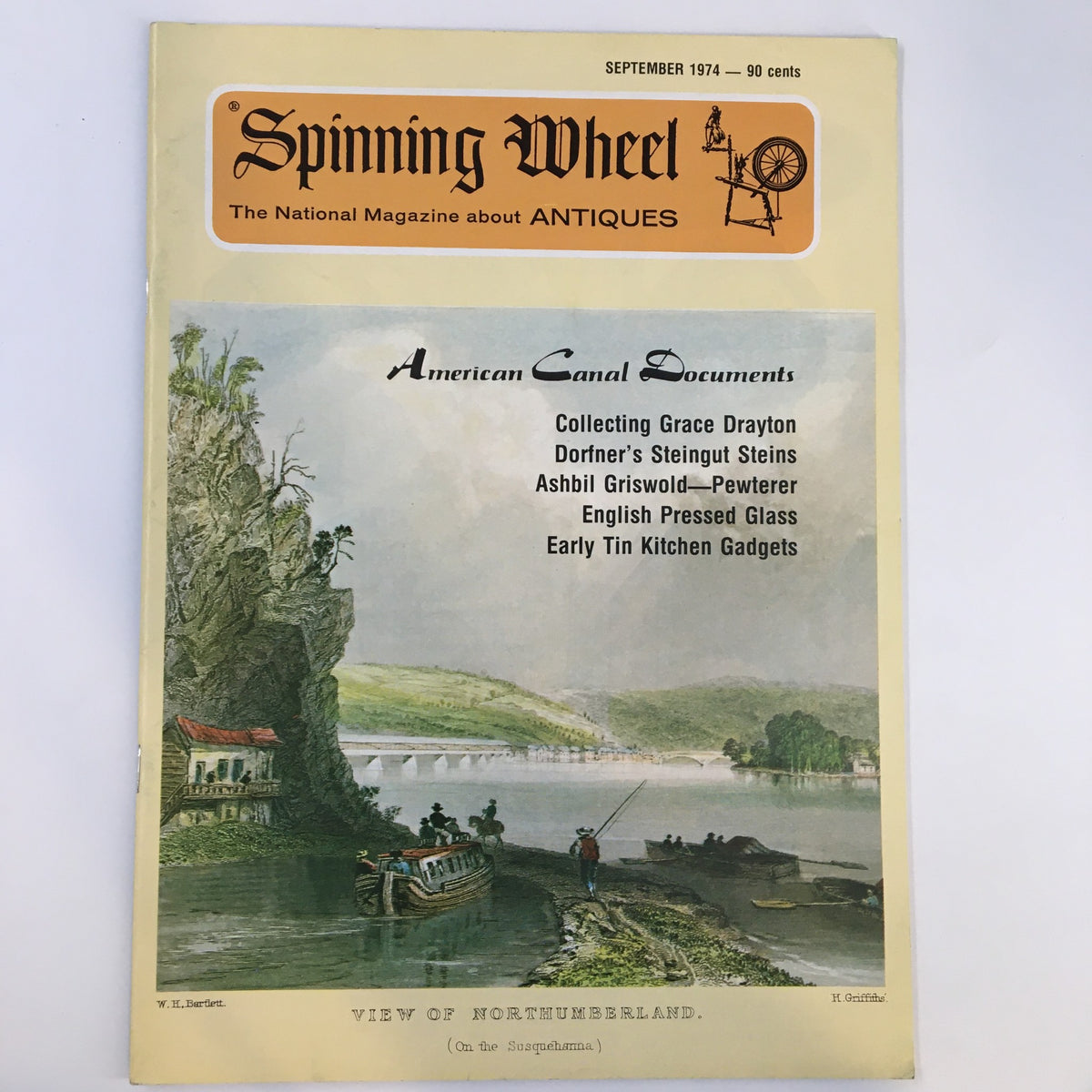 Cover of the September 1974 issue of Spinning Wheel Magazine featuring articles on antiques, collecting, and weaving, including a focus on Grace Dayton and American Canal Documents.