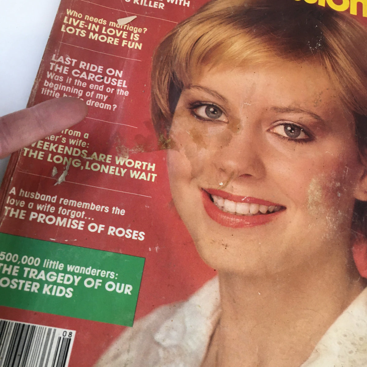 Close-up of the cover of VTG True Confessions Magazine August 1980 titled 'My Mother's Strange Legacy' highlighting the woman's face and some of the captivating topics including 'Live-In Love is Lots More Fun'.