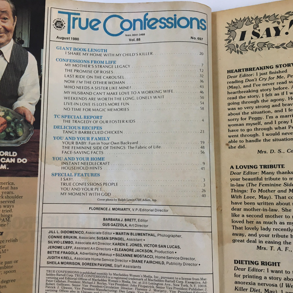Table of contents page of VTG True Confessions Magazine August 1980, detailing the stories and features including 'My Mother's Strange Legacy.' The layout reflects the magazine's vintage style. Title: 'VTG True Confessions Magazine August 1980 My Mother's Strange Legacy No Label.'